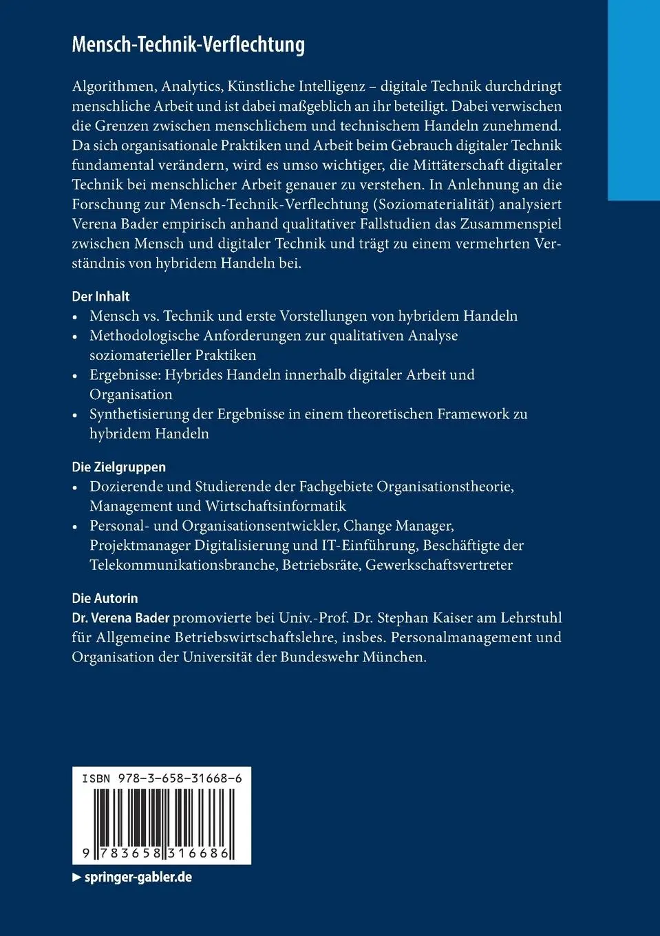 Rückseite: 9783658316686 | Mensch-Technik-Verflechtung | Verena Bader | Taschenbuch | xix | 2020