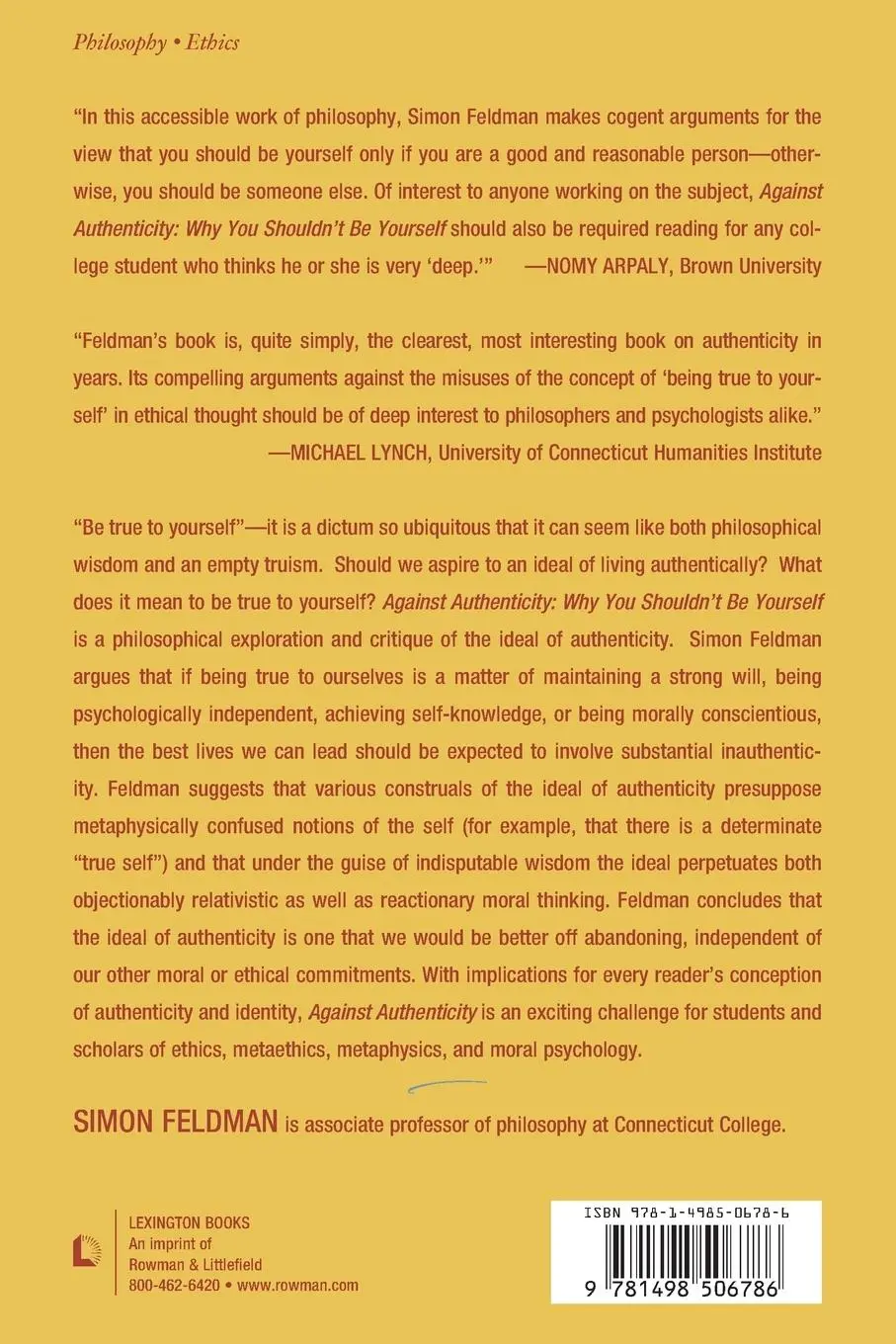 Rückseite: 9781498506786 | Against Authenticity | Why You Shouldn't Be Yourself | Simon Feldman