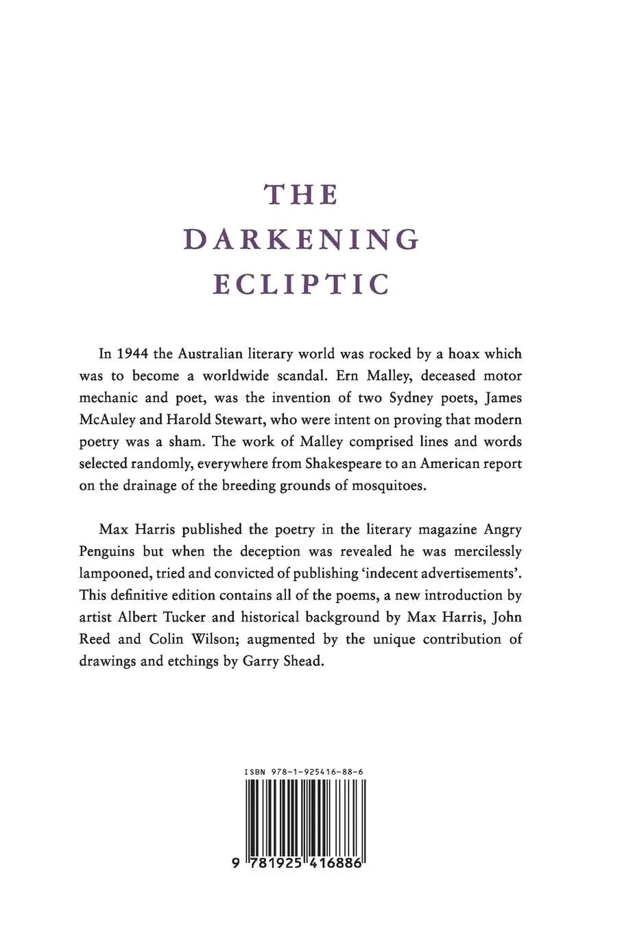 Rückseite: 9781925416886 | The Darkening Ecliptic | Ern Malley | Taschenbuch | Englisch | 2017