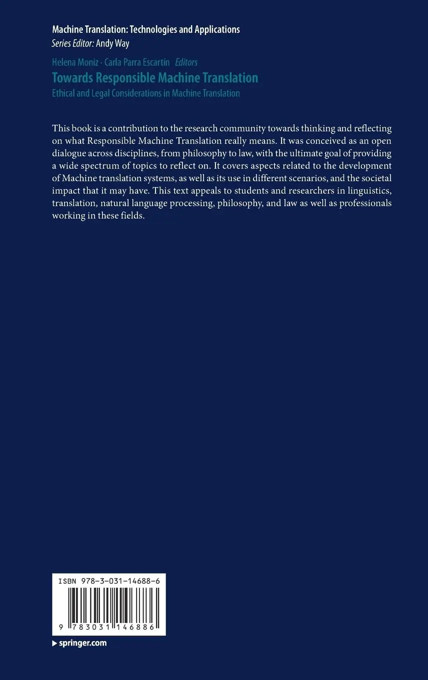 Rückseite: 9783031146886 | Towards Responsible Machine Translation | Carla Parra Escartín (u. a.)