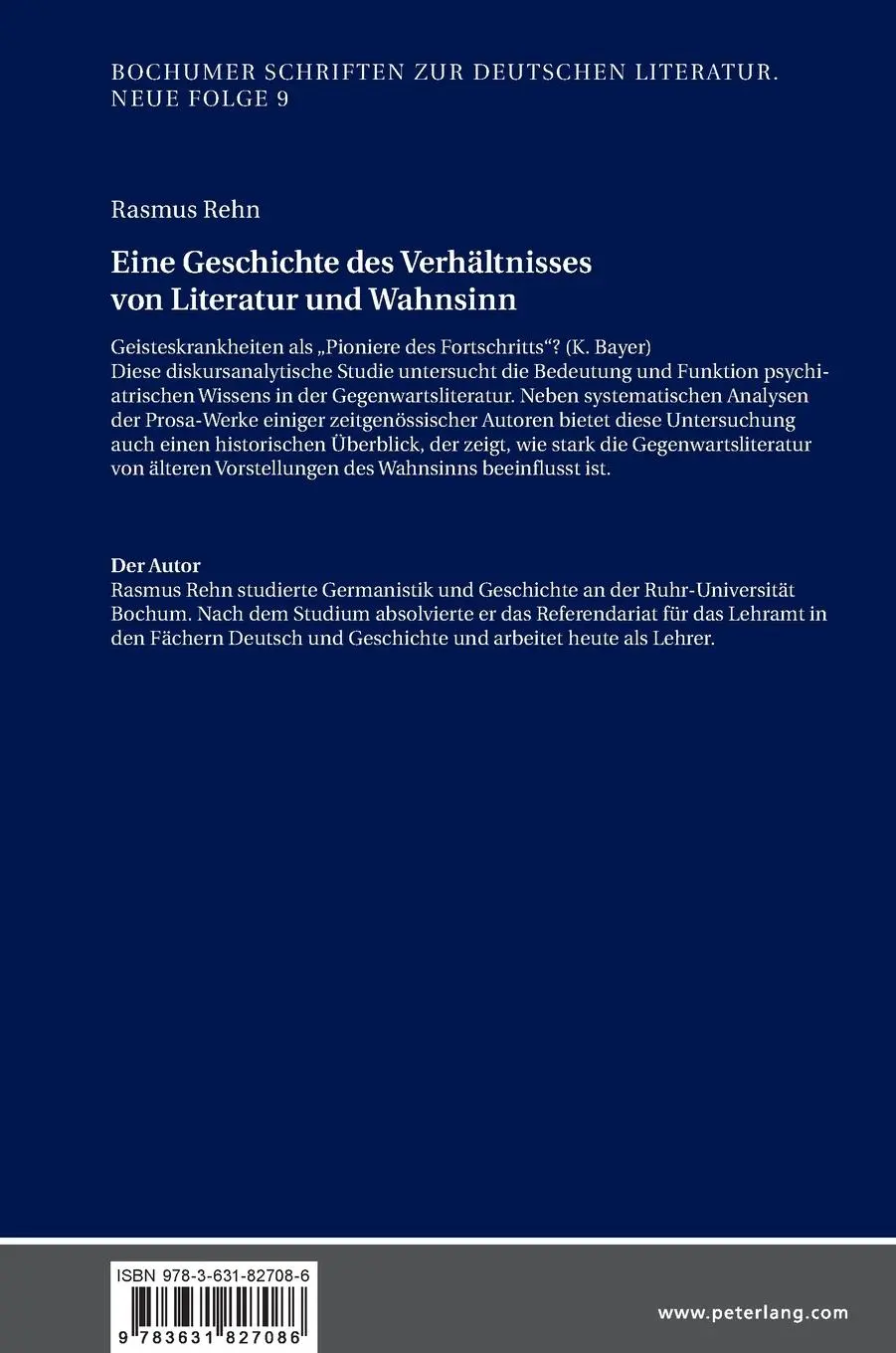 Rückseite: 9783631827086 | Eine Geschichte des Verhältnisses von Literatur und Wahnsinn | Rehn