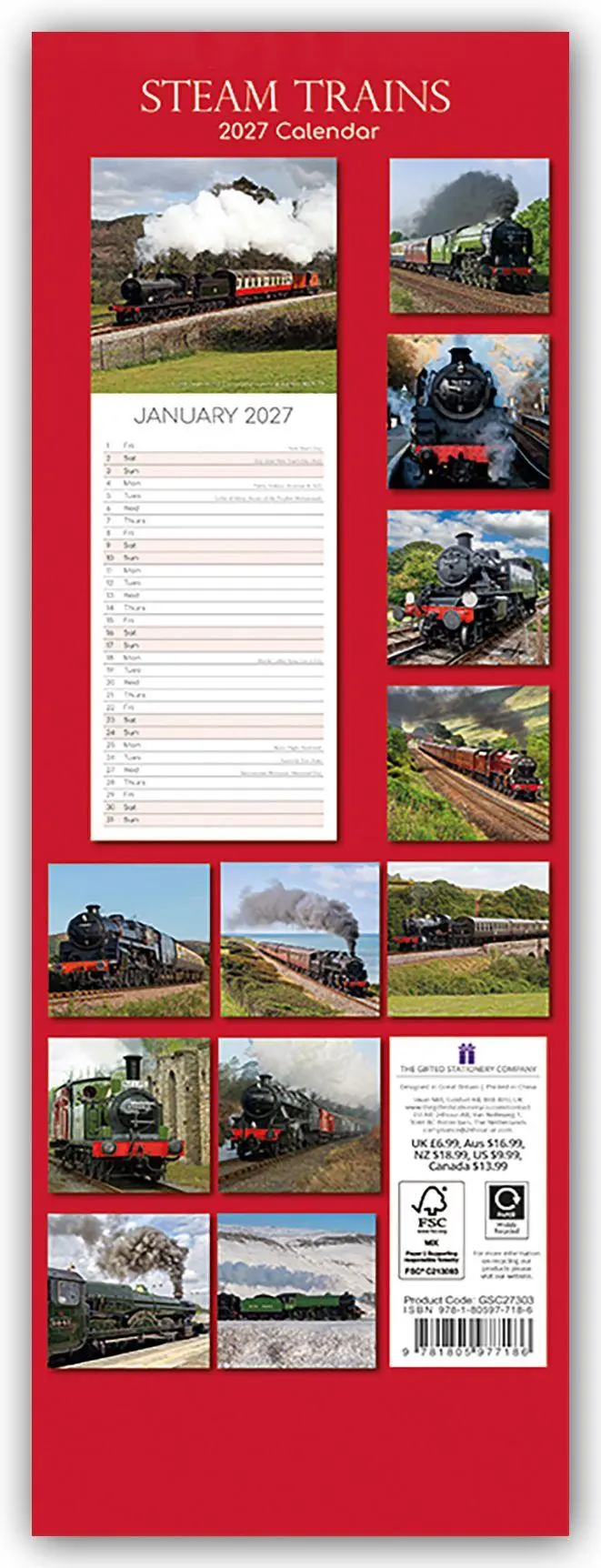Rückseite: 9781805977186 | Steam Trains - Dampflokomotiven - Slimline-Kalender 2027 | Ltd | 28 S.