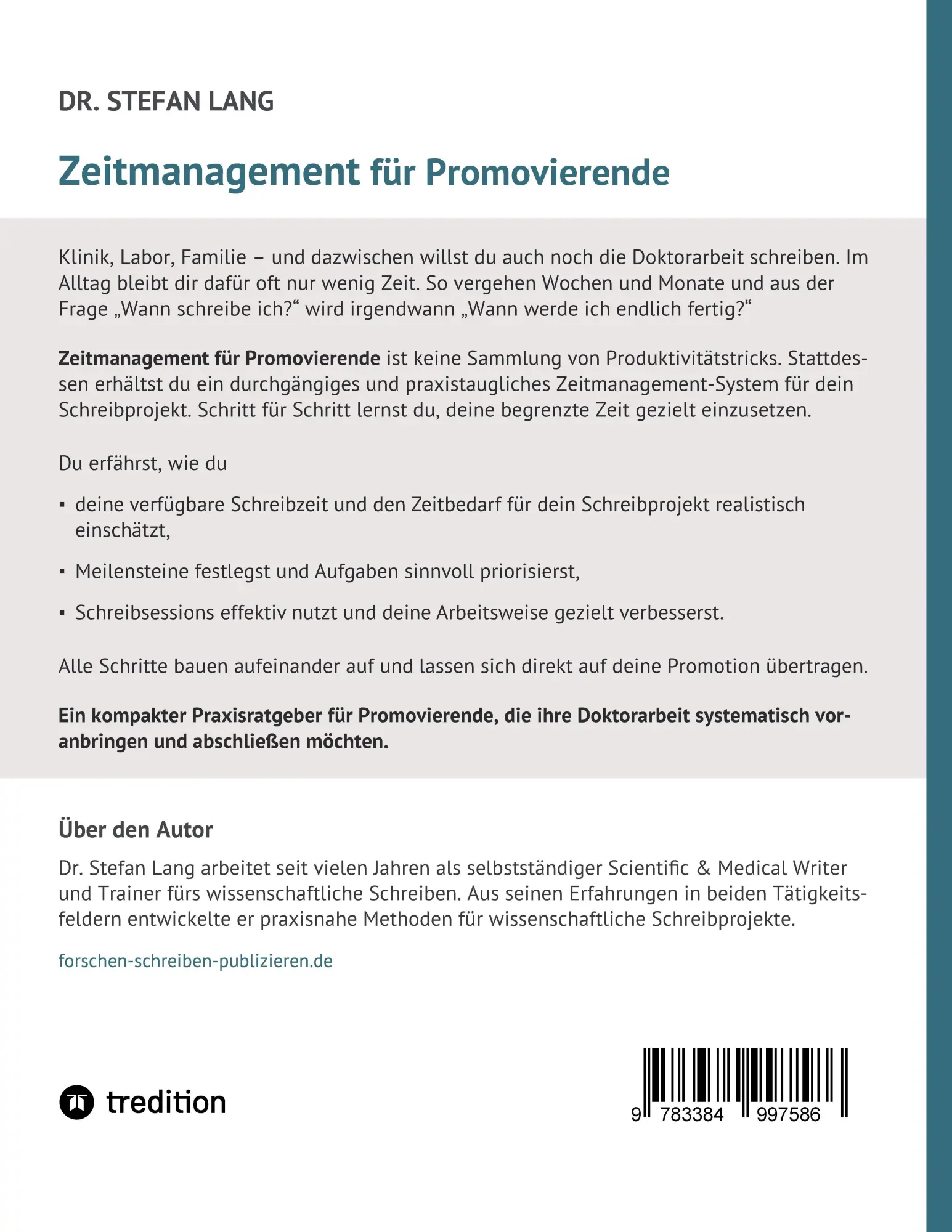 Rückseite: 9783384997586 | Zeitmanagement für Promovierende | Stefan Lang | Taschenbuch | 60 S.