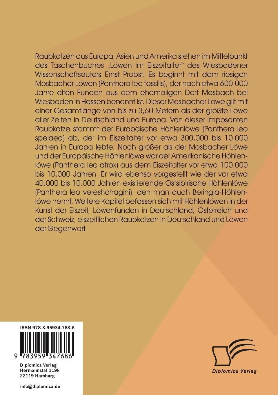 Rückseite: 9783959347686 | Löwen im Eiszeitalter | Ernst Probst | Taschenbuch | 332 S. | Deutsch