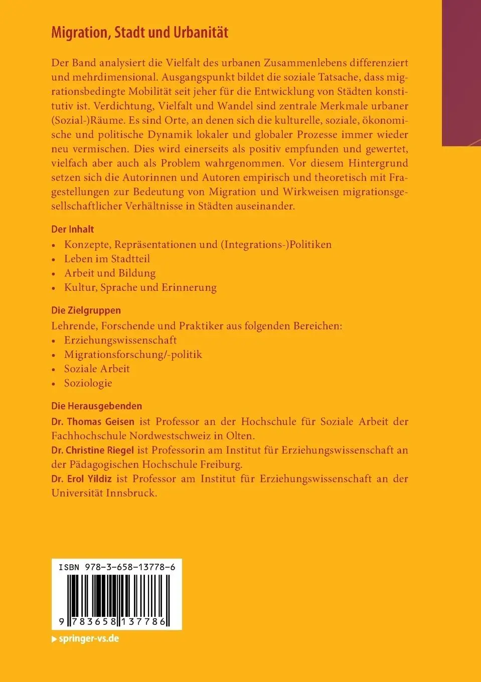 Rückseite: 9783658137786 | Migration, Stadt und Urbanität | Thomas Geisen (u. a.) | Taschenbuch