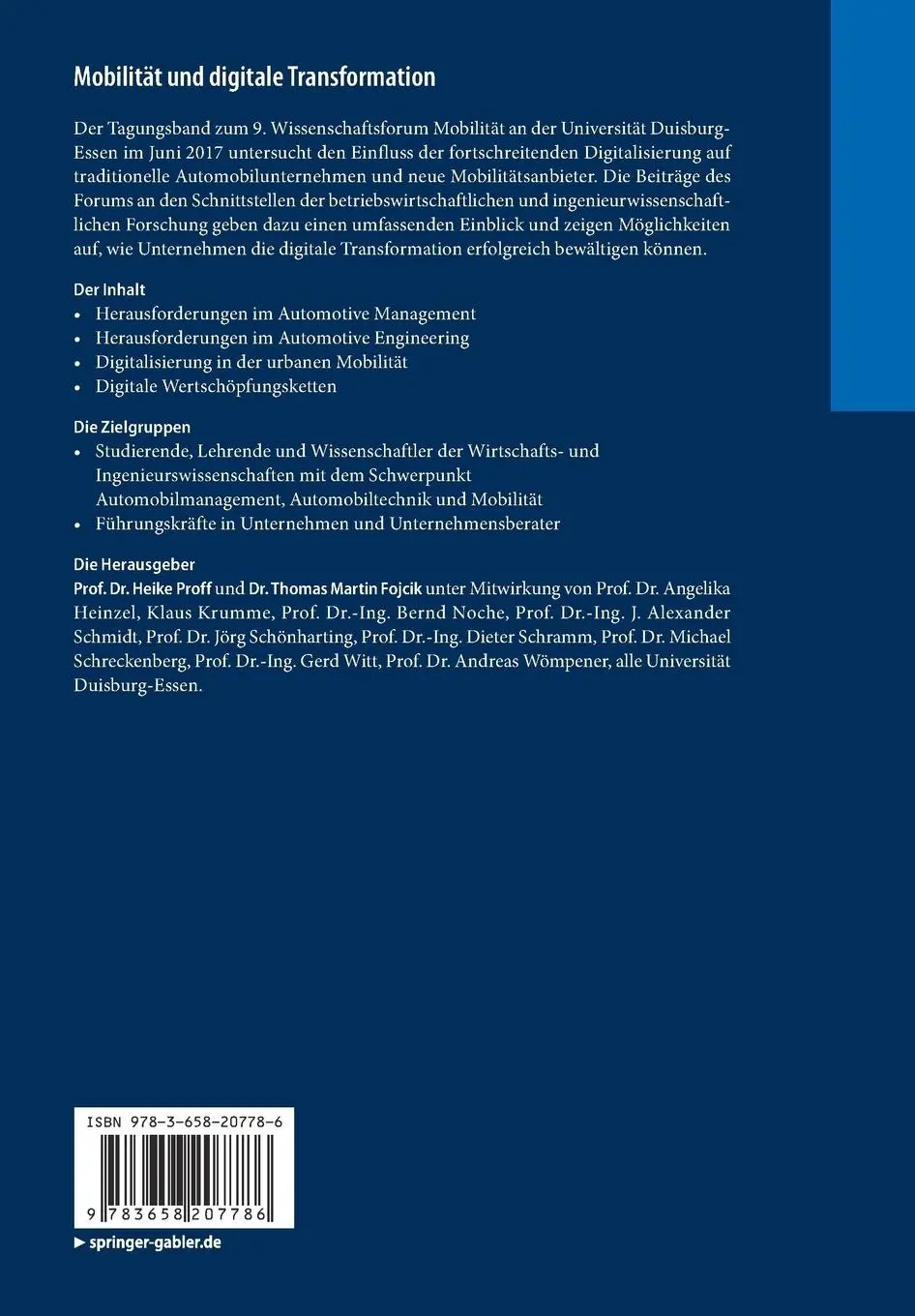 Rückseite: 9783658207786 | Mobilität und digitale Transformation | Heike Proff (u. a.) | Buch
