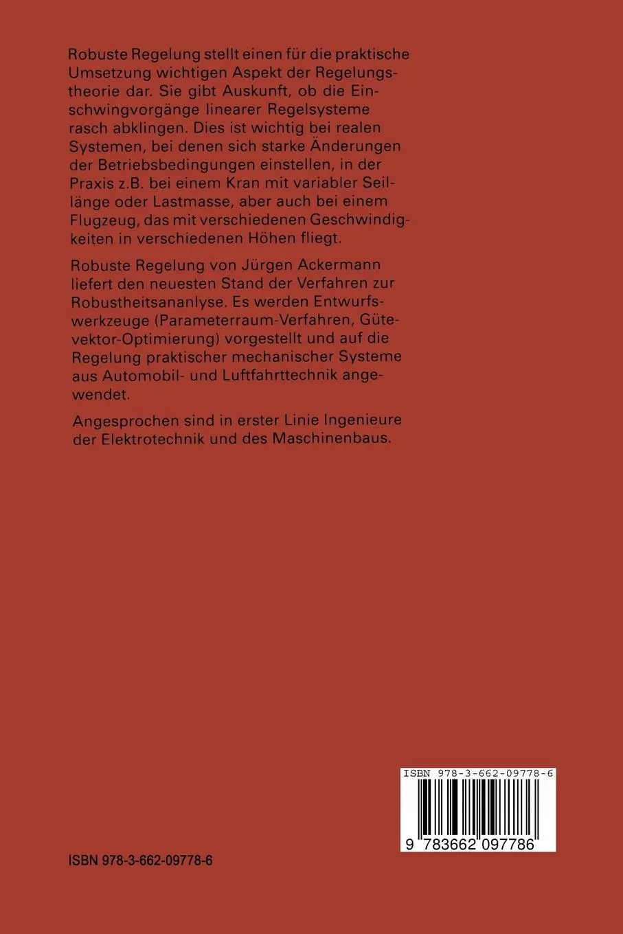 Rückseite: 9783662097786 | Robuste Regelung | Jürgen Ackermann | Taschenbuch | xv | Deutsch