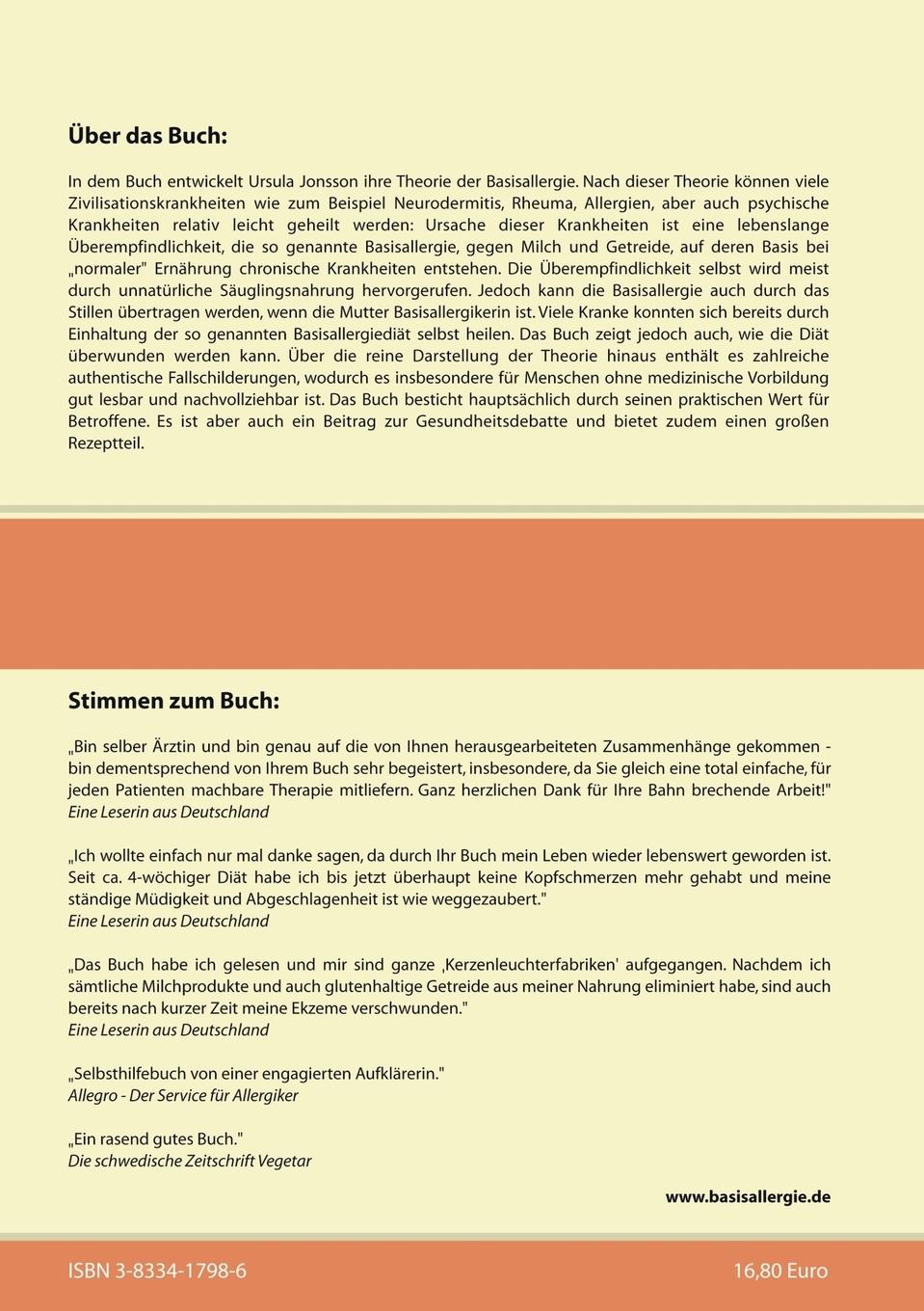 Rückseite: 9783833417986 | Die Basisallergie | Ursula Jonsson | Taschenbuch | 180 S. | Deutsch