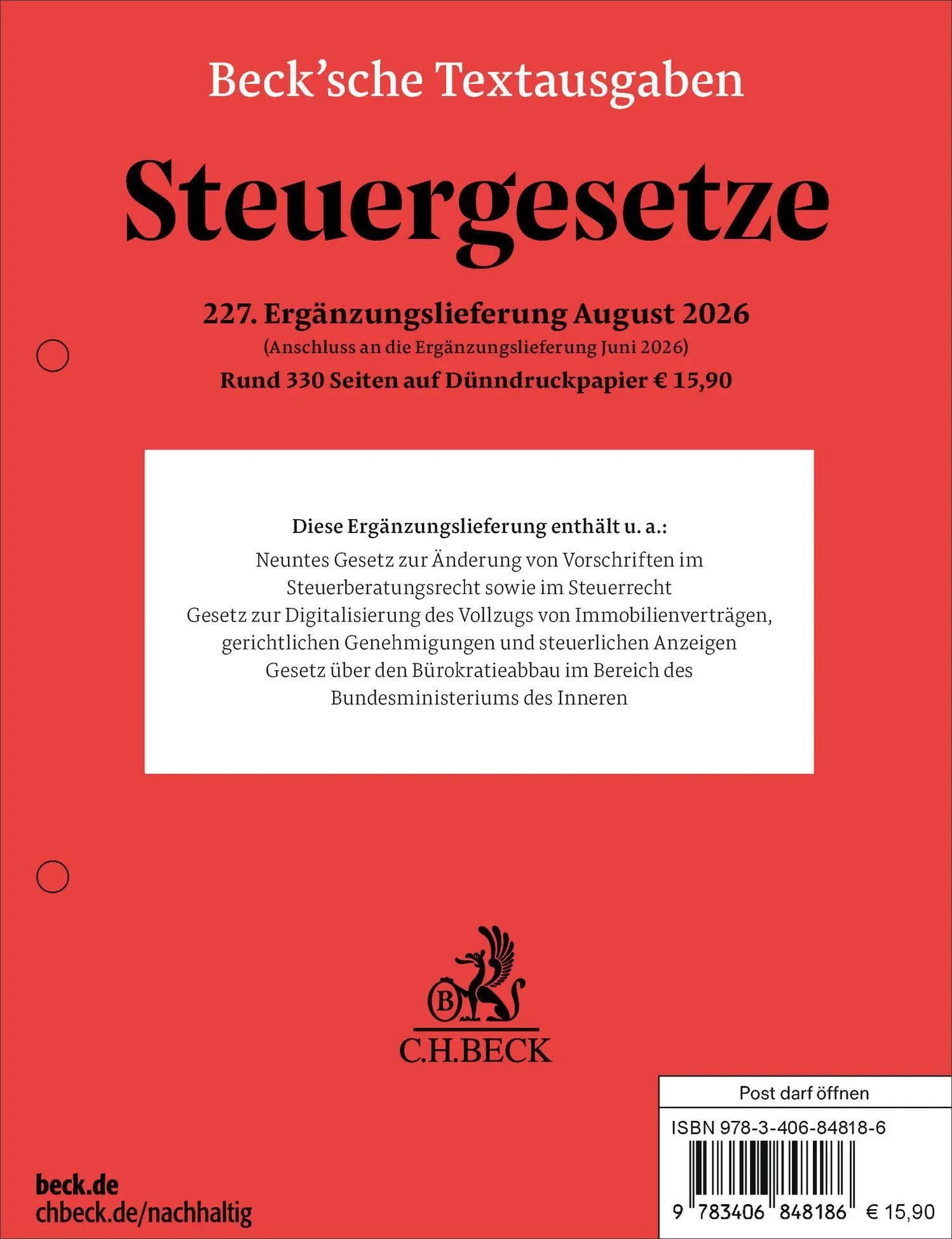 Cover: 9783406848186 | Steuergesetze 227. Ergänzungslieferung | in Schlaufe | Deutsch | 2026