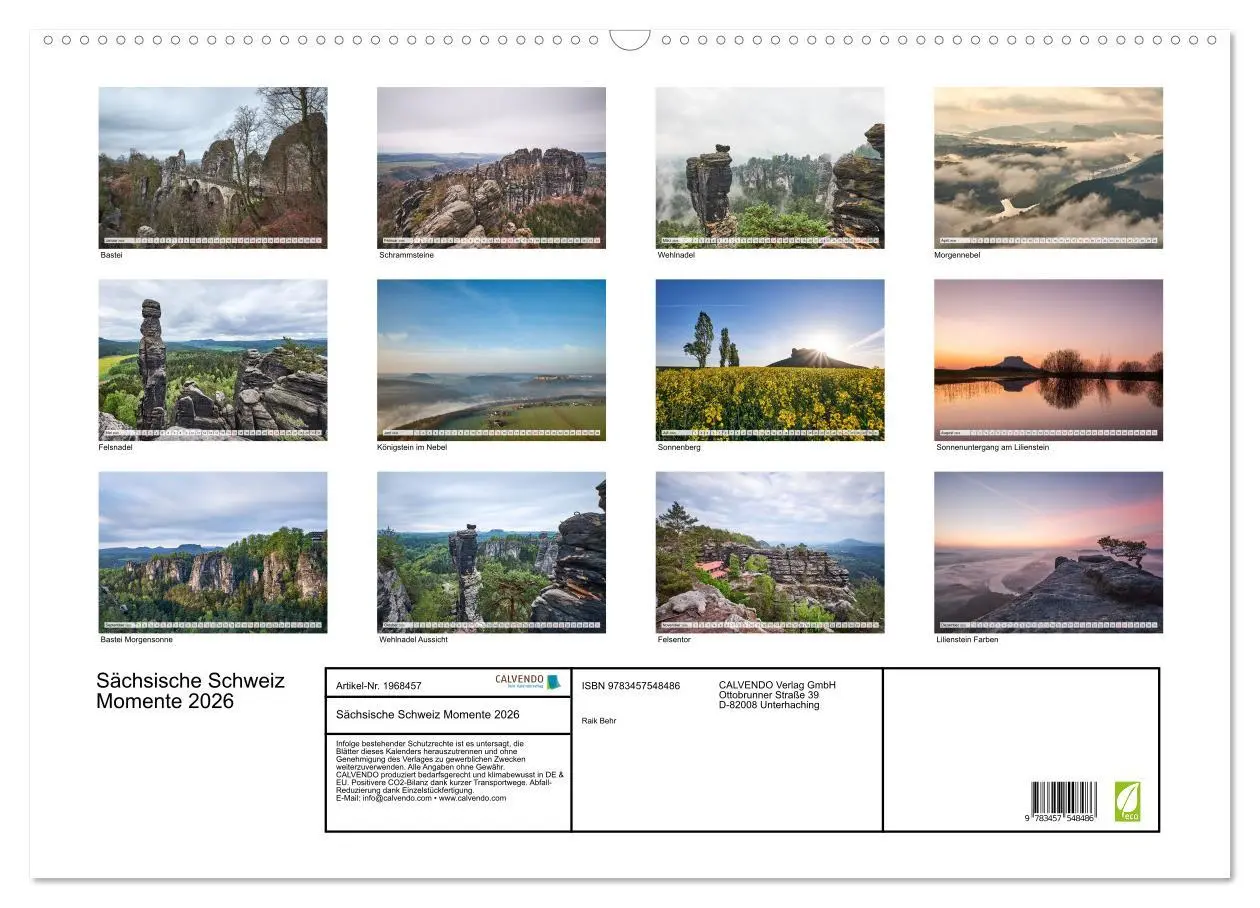 Bild: 9783457548486 | Sächsische Schweiz Momente 2026 (Wandkalender 2026 DIN A2 quer),...