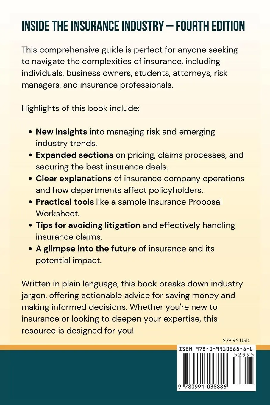 Rückseite: 9780991038886 | Inside the Insurance Industry - Fourth Edition | Kevin L. Glaser