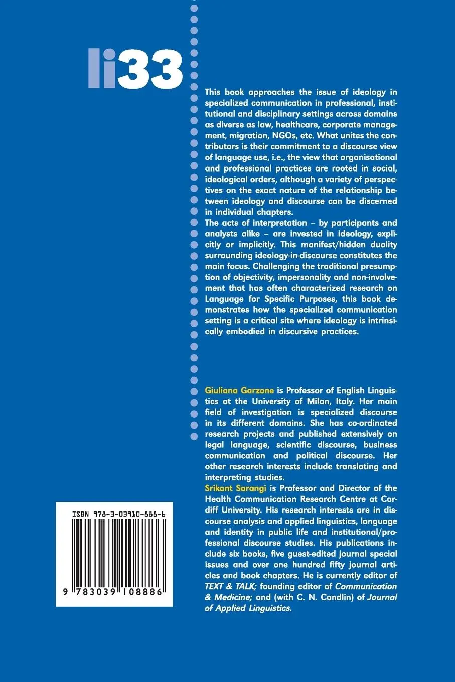 Rückseite: 9783039108886 | Discourse, Ideology and Specialized Communication | Sarangi (u. a.)