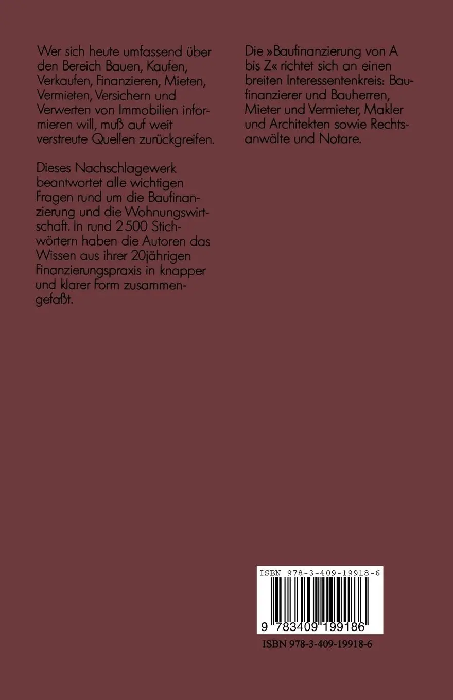 Rückseite: 9783409199186 | Baufinanzierung von A bis Z | Helmut Keller (u. a.) | Taschenbuch