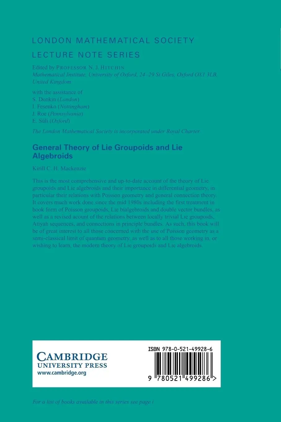 Rückseite: 9780521499286 | General Theory of Lie Groupoids and Lie Algebroids | Mackenzie | Buch