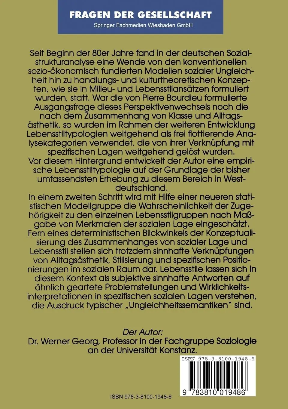 Rückseite: 9783810019486 | Soziale Lage und Lebensstil | Eine Typologie | Werner Georg | Buch