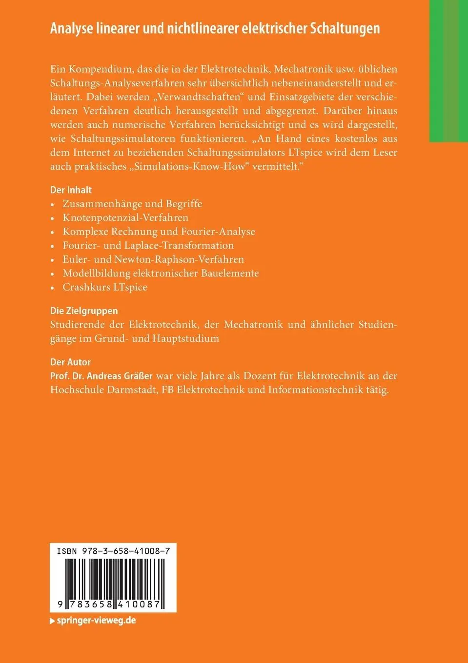 Rückseite: 9783658410087 | Analyse linearer und nichtlinearer elektrischer Schaltungen | Gräßer
