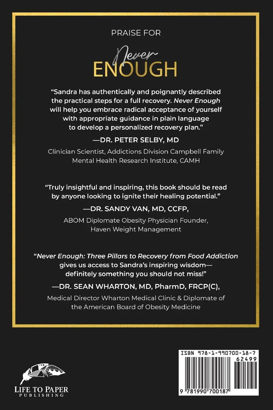 Rückseite: 9781990700187 | Never Enough | Three Pillars of Food Addiction Recovery | Sandra Elia
