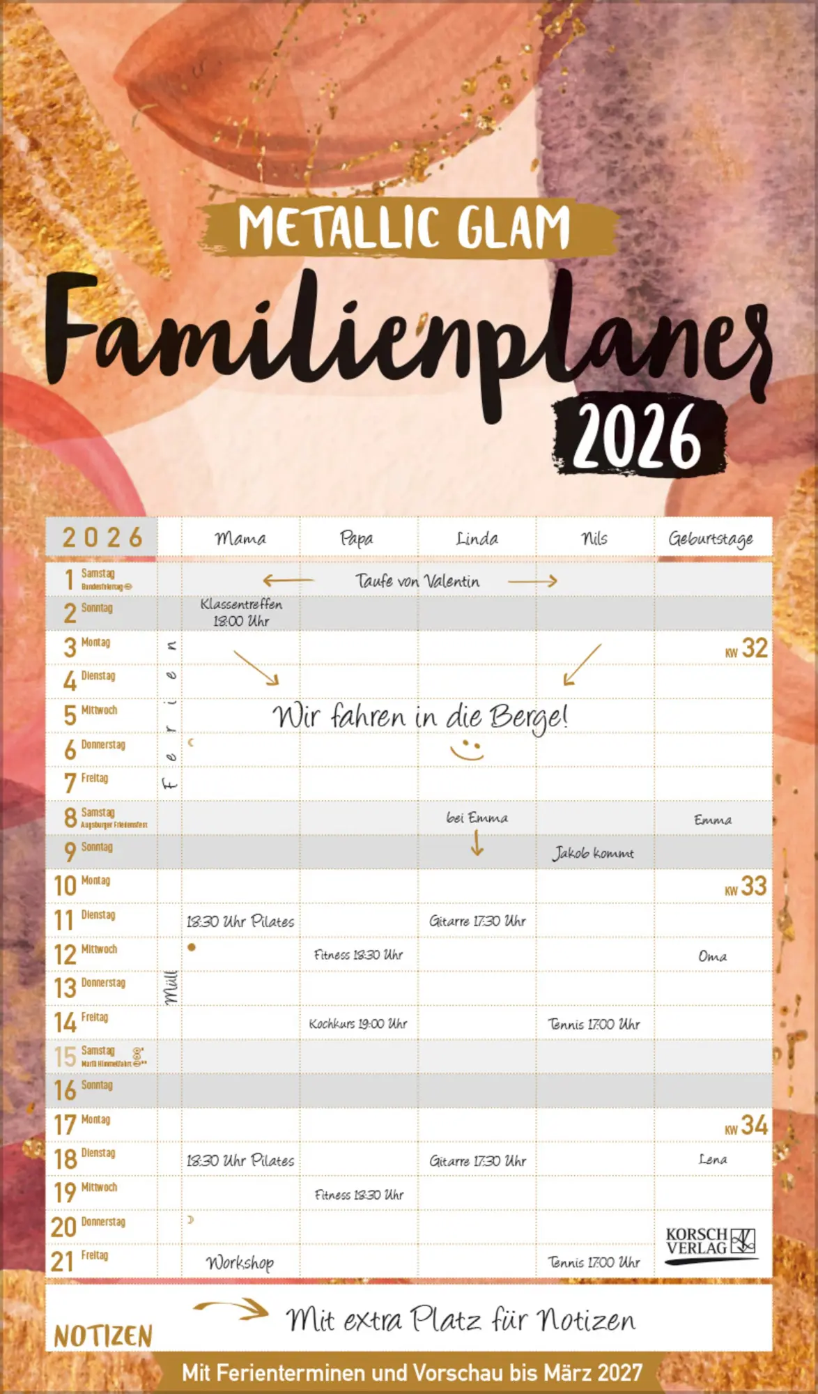 Cover: 9783731890287 | Familienplaner Metallic Glam 2026 | Verlag Korsch | Kalender | 14 S.