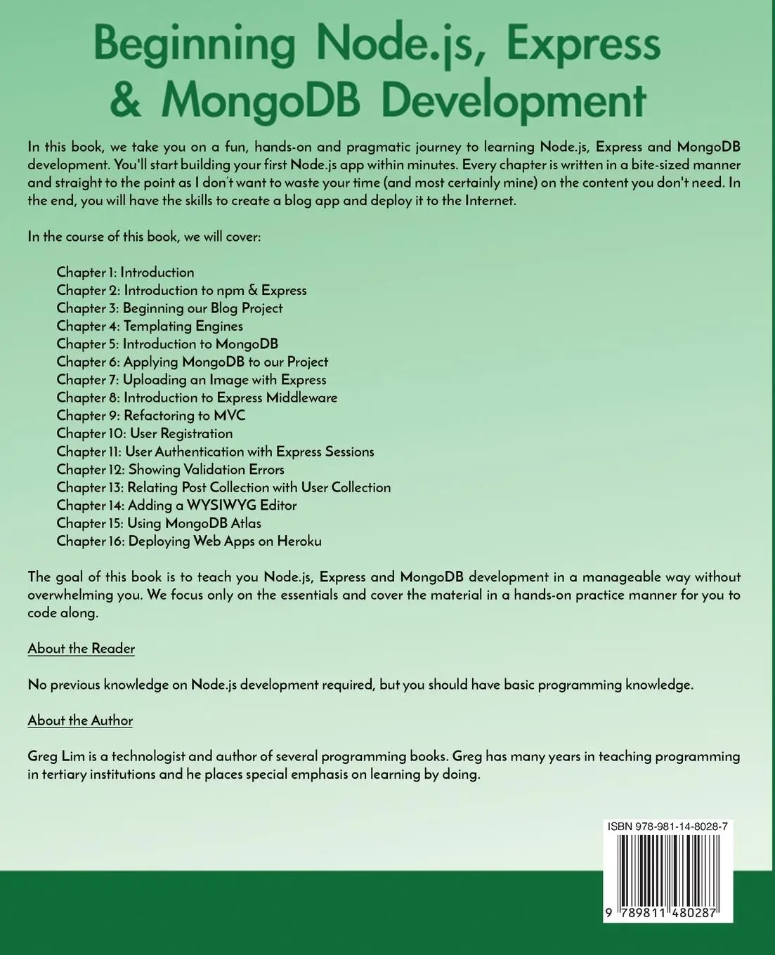 Rückseite: 9789811480287 | Beginning Node.js, Express &amp; MongoDB Development | Greg Lim | Buch
