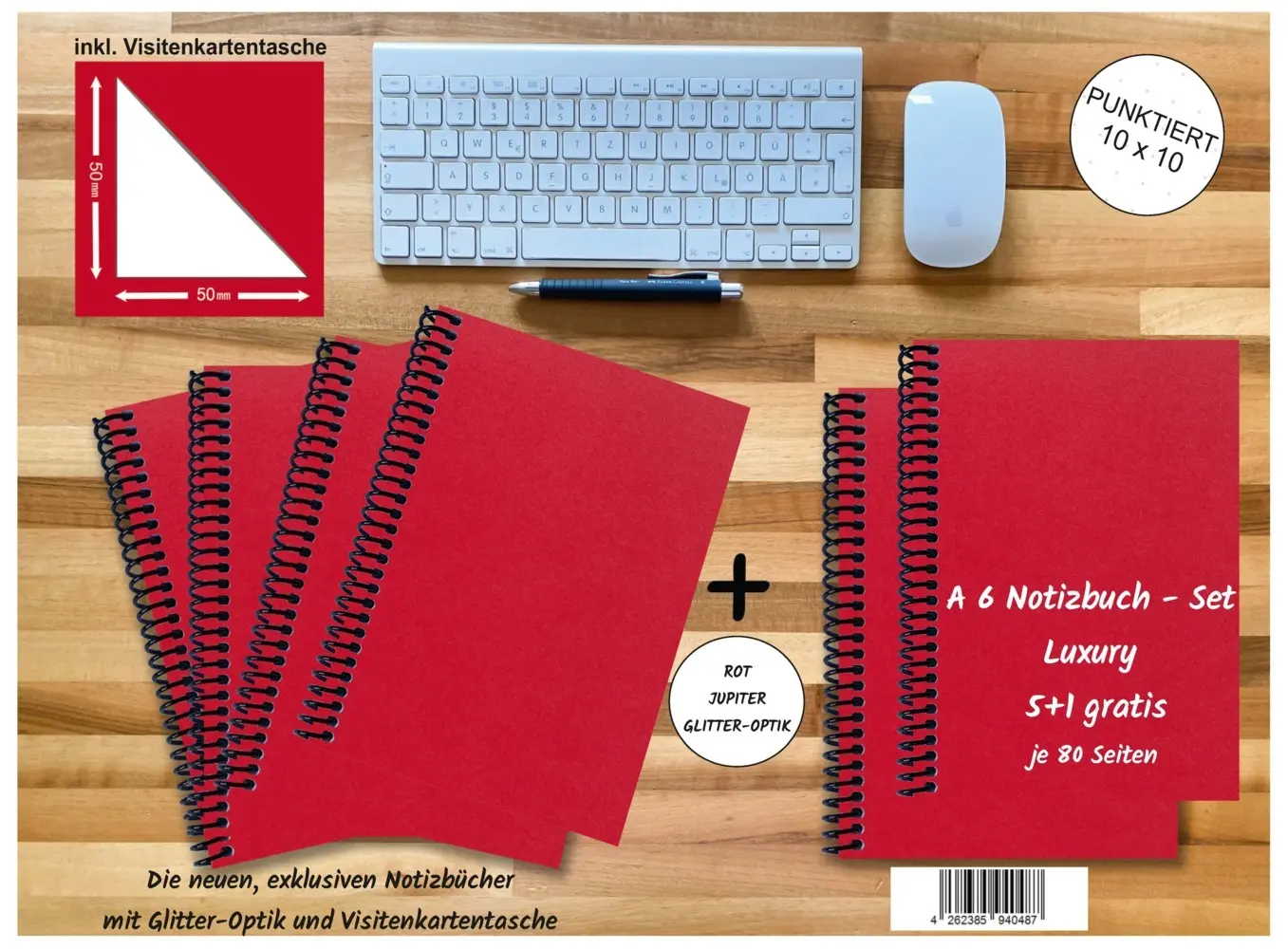A 6 Notizbuch - Set, 4+2 gratis, Luxury 80 Seiten ROT JUPITER GLITTER-OPTIK, punktiert 10x10mm