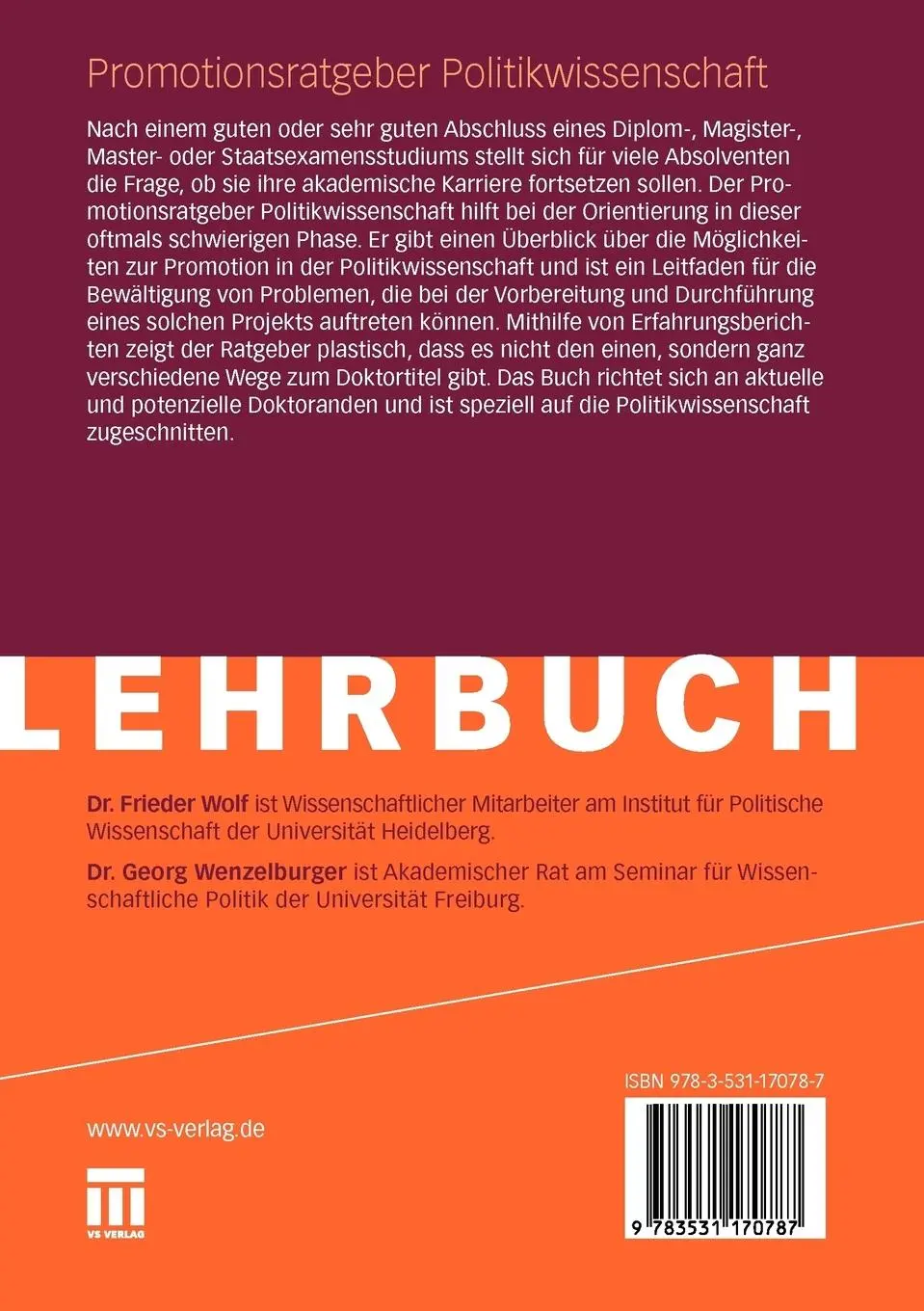 Rückseite: 9783531170787 | Promotionsratgeber Politikwissenschaft | Georg Wenzelburger (u. a.)