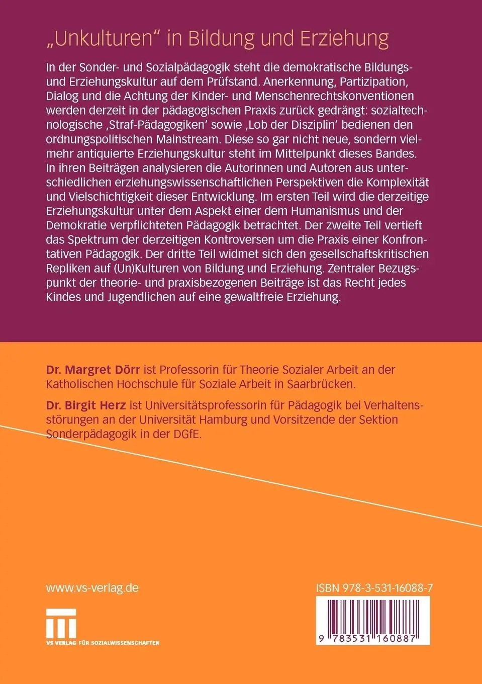 Rückseite: 9783531160887 | "Unkulturen" in Bildung und Erziehung | Birgit Herz (u. a.) | Buch
