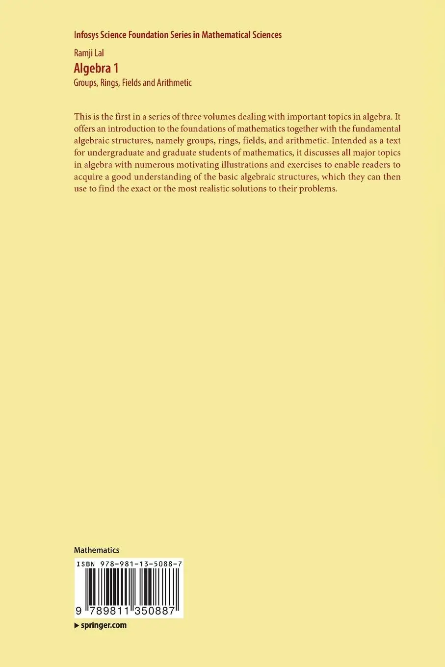 Rückseite: 9789811350887 | Algebra 1 | Groups, Rings, Fields and Arithmetic | Ramji Lal | Buch