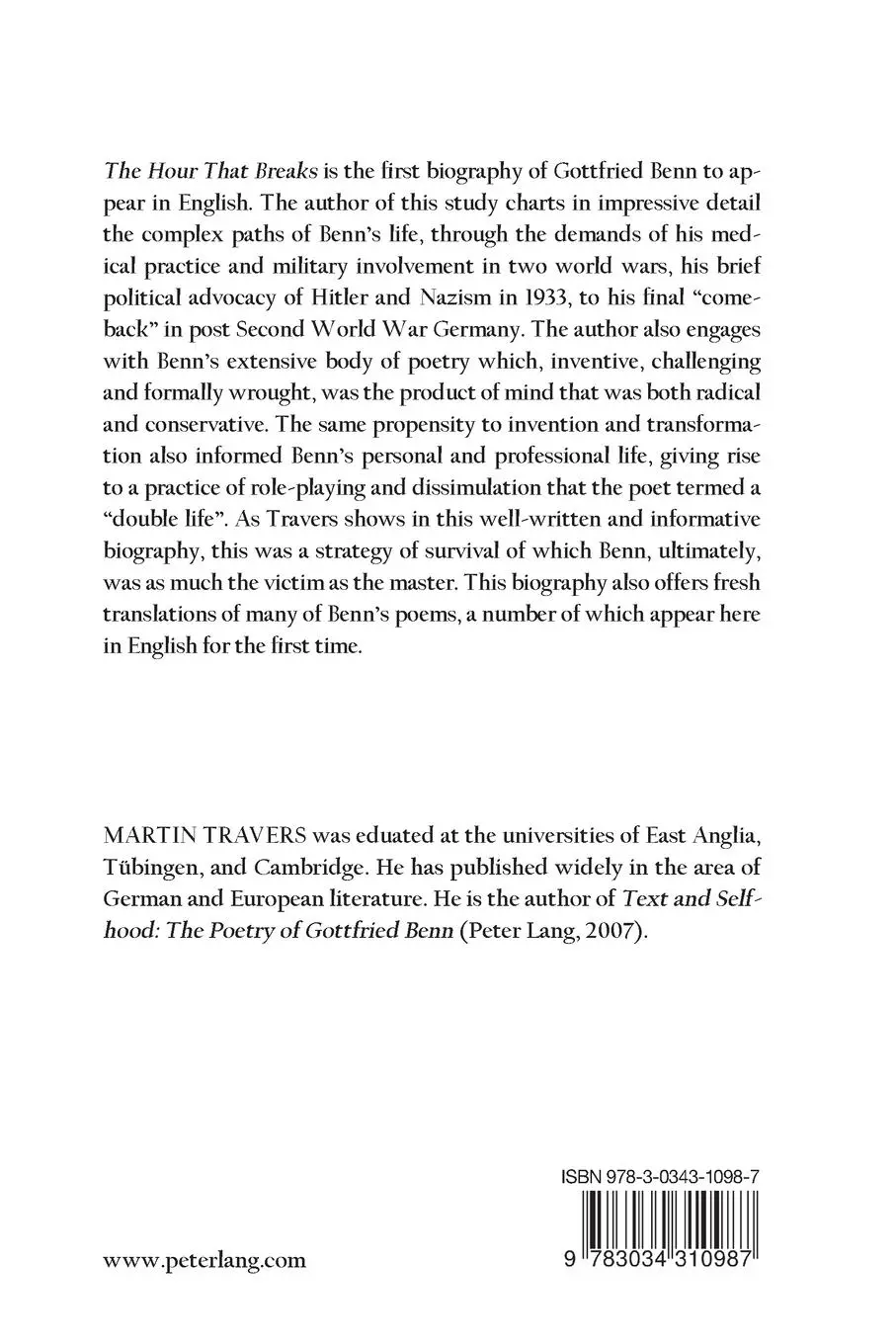 Rückseite: 9783034310987 | The Hour That Breaks | Gottfried Benn: A Biography | Martin Travers