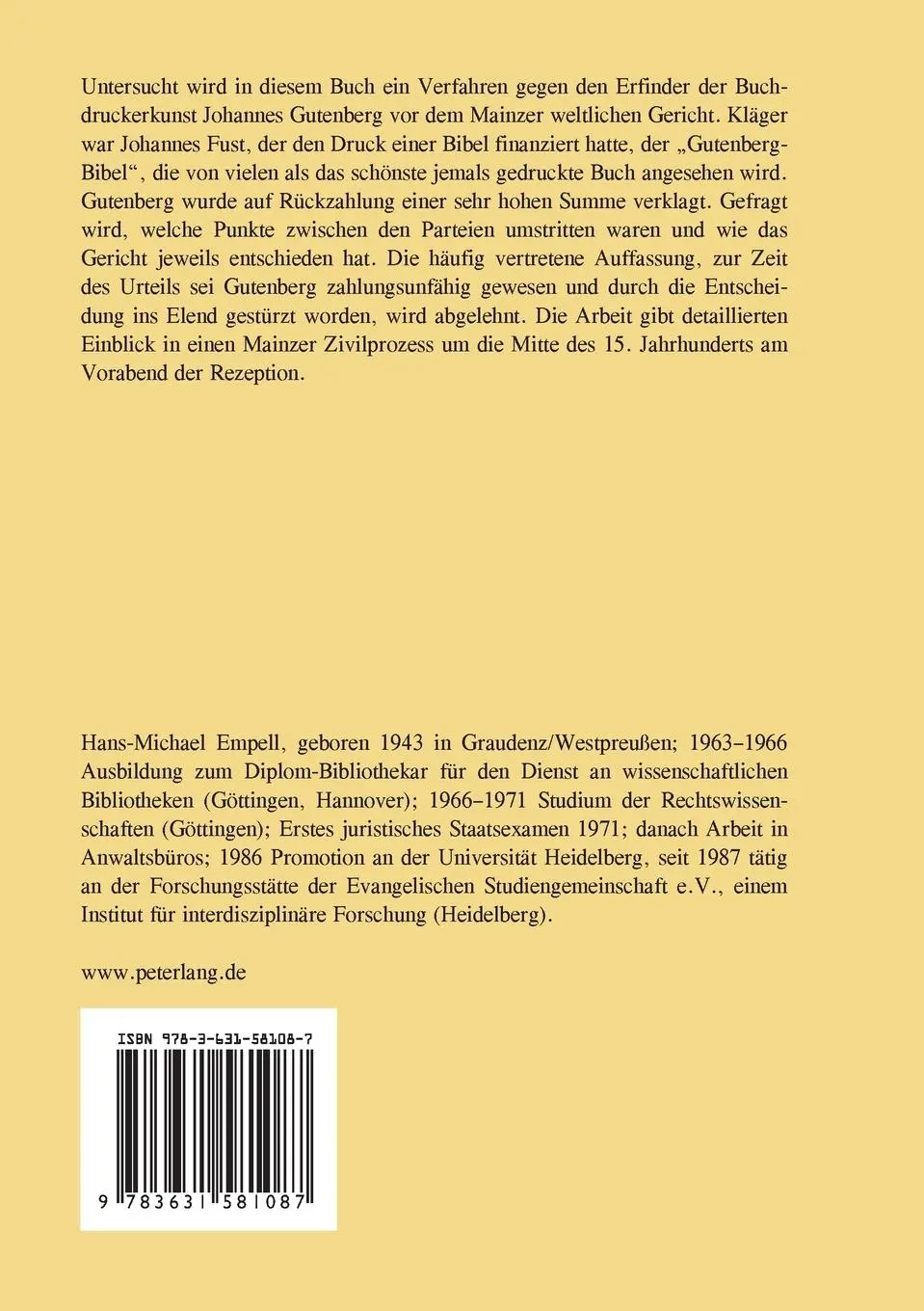 Rückseite: 9783631581087 | Gutenberg vor Gericht | Hans-Michael Empell | Taschenbuch | Deutsch