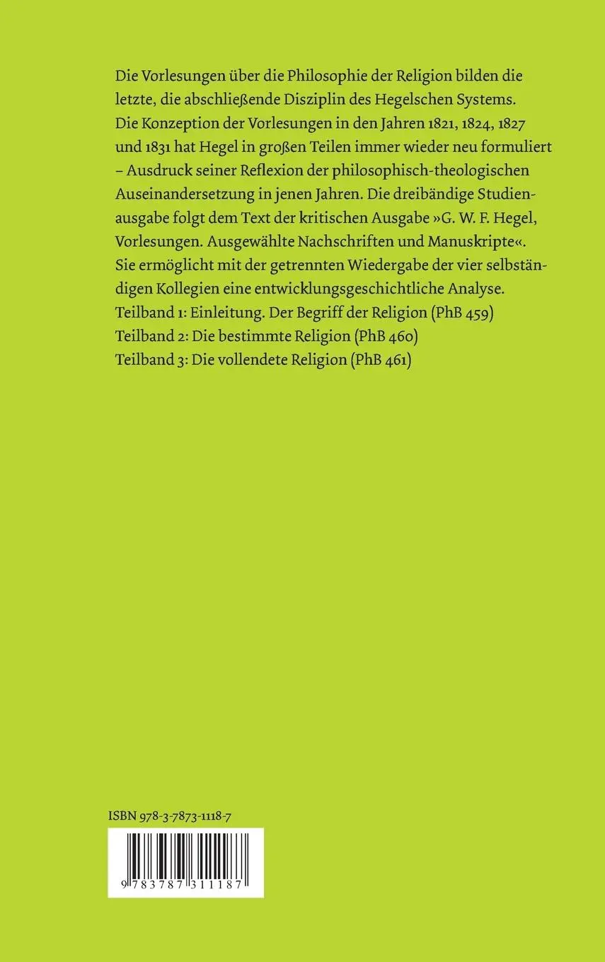 Rückseite: 9783787311187 | Vorlesungen über die Philosophie der Religion / Vorlesungen über...