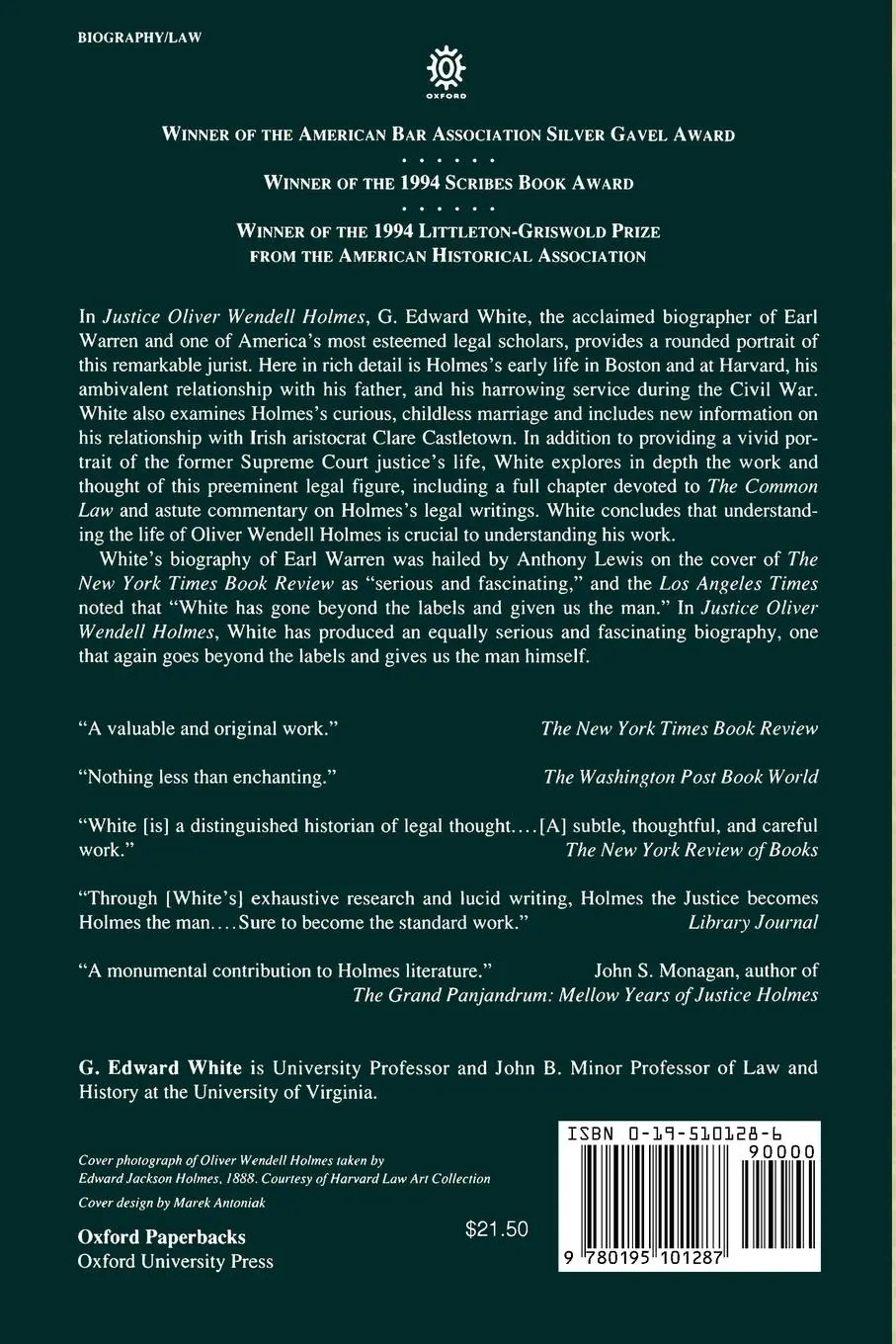 Rückseite: 9780195101287 | Justice Oliver Wendell Holmes | Law and the Inner Self | White | Buch