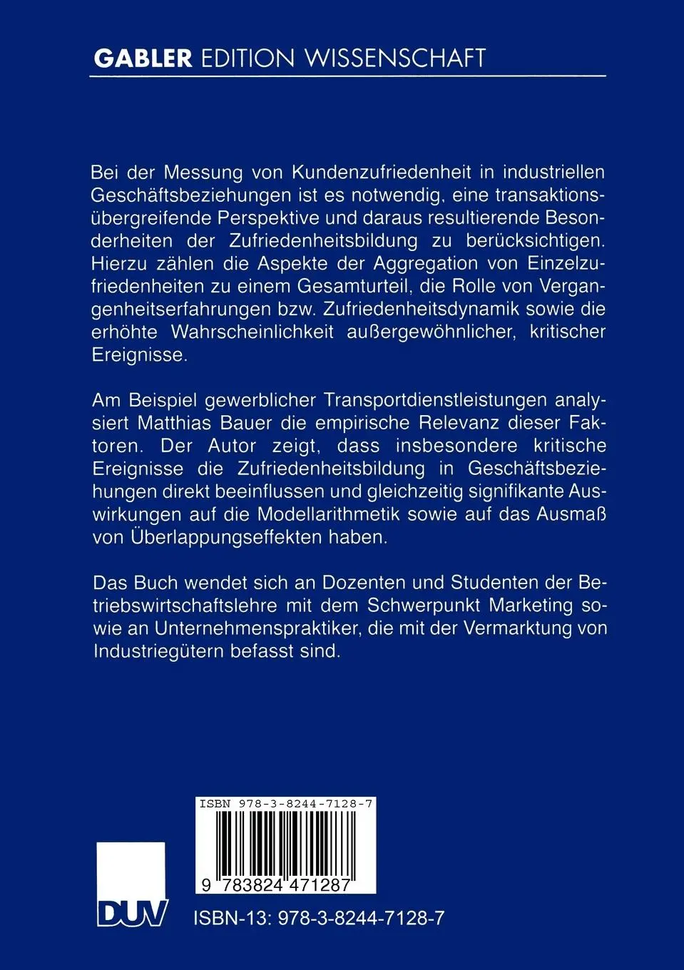 Rückseite: 9783824471287 | Kundenzufriedenheit in industriellen Geschäftsbeziehungen | Bauer | xx