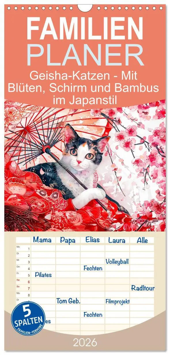 Cover: 9783516491487 | Familienplaner 2026 - Geisha-Katzen - Mit Blüten, Schirm und Bambus...