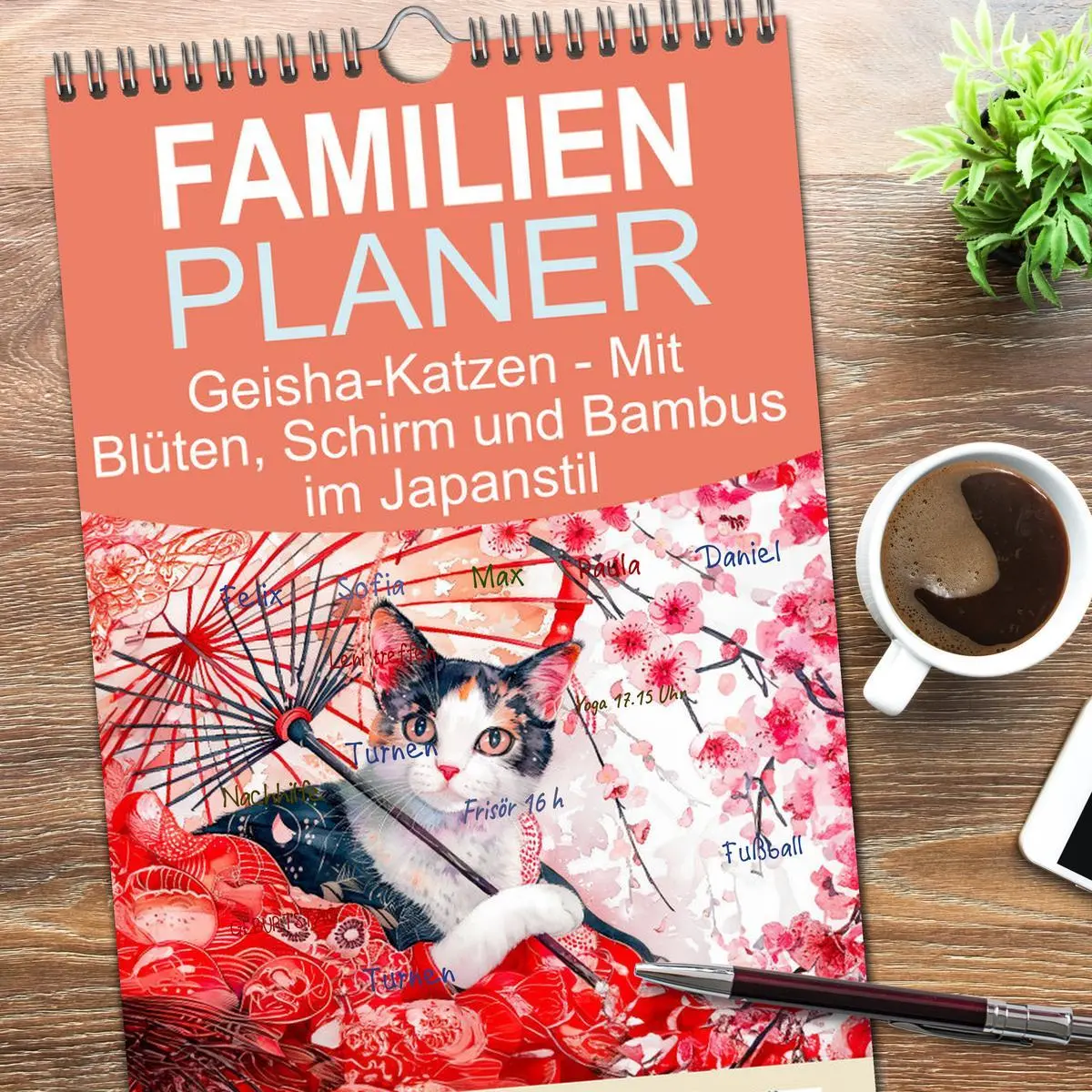Bild: 9783516491487 | Familienplaner 2026 - Geisha-Katzen - Mit Blüten, Schirm und Bambus...