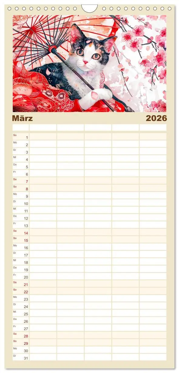 Bild: 9783516491487 | Familienplaner 2026 - Geisha-Katzen - Mit Blüten, Schirm und Bambus...