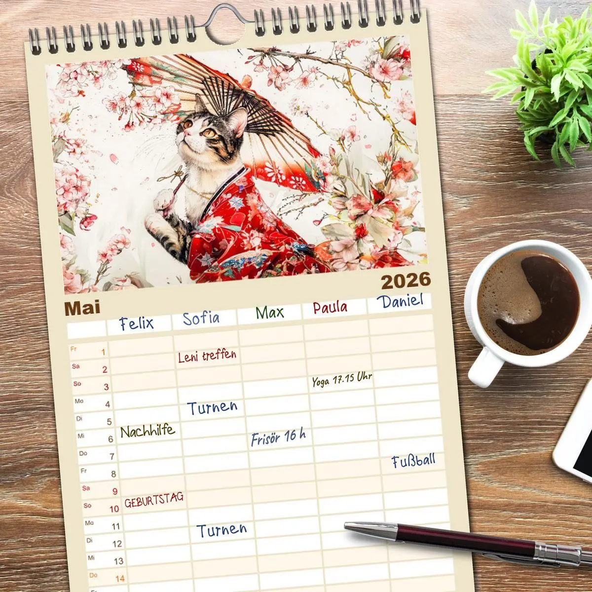 Bild: 9783516491487 | Familienplaner 2026 - Geisha-Katzen - Mit Blüten, Schirm und Bambus...