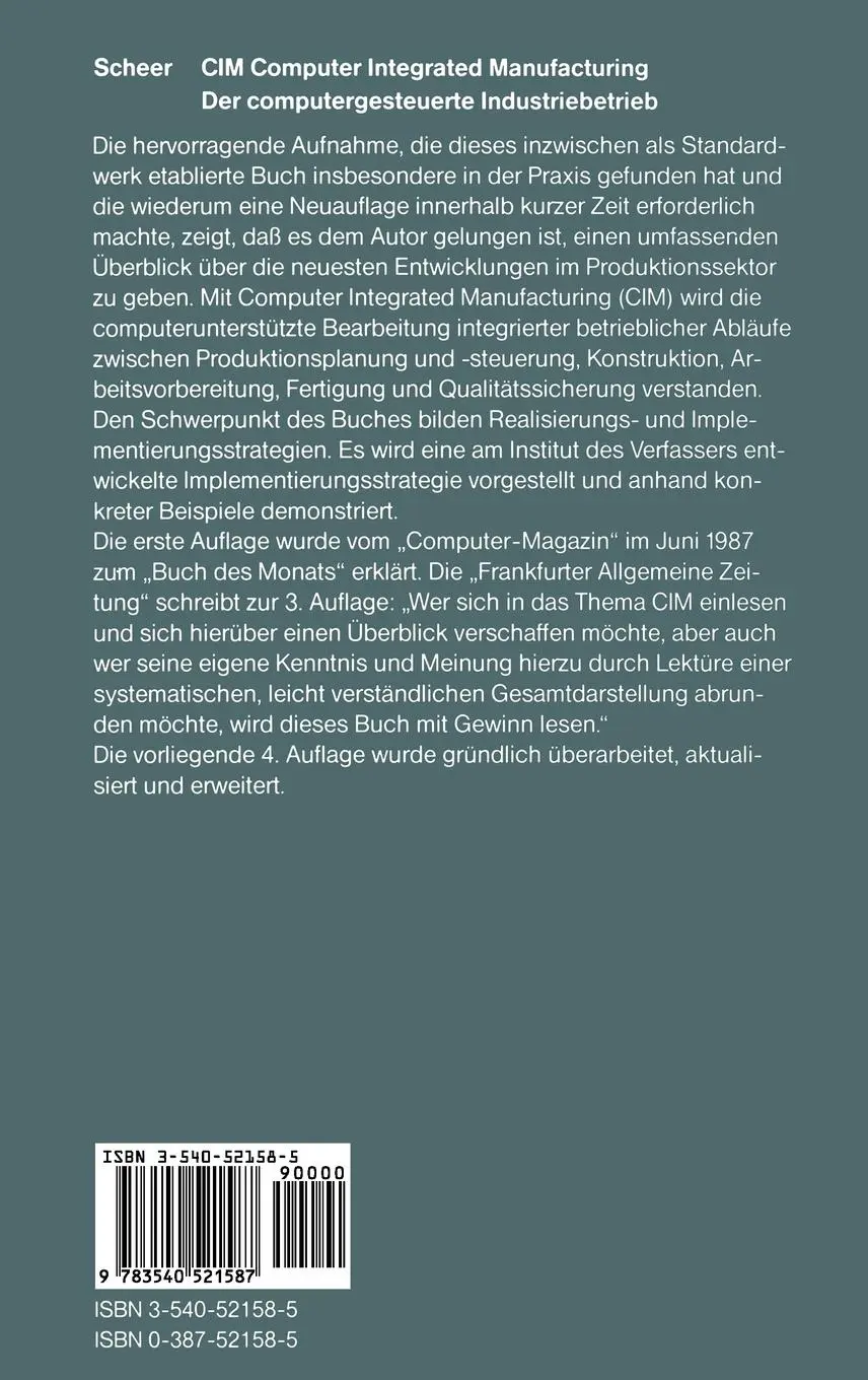 Rückseite: 9783540521587 | CIM Computer Integrated Manufacturing | August-Wilhelm Scheer | Buch