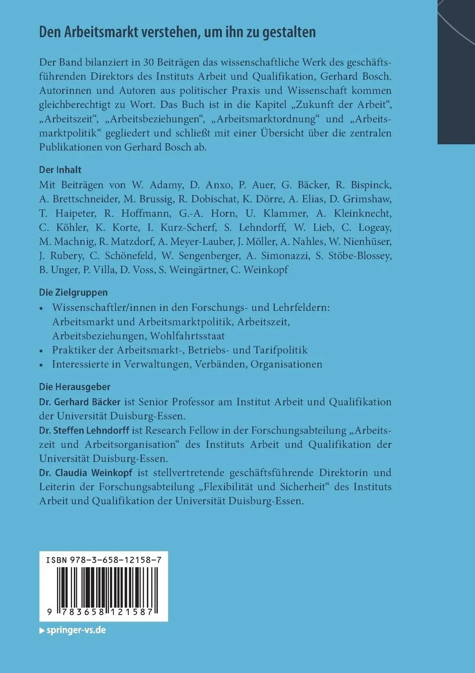 Rückseite: 9783658121587 | Den Arbeitsmarkt verstehen, um ihn zu gestalten | Bäcker (u. a.)