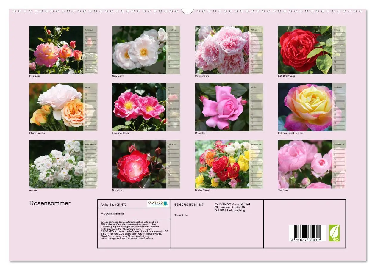 Bild: 9783457381687 | Rosensommer (hochwertiger Premium Wandkalender 2026 DIN A2 quer),...