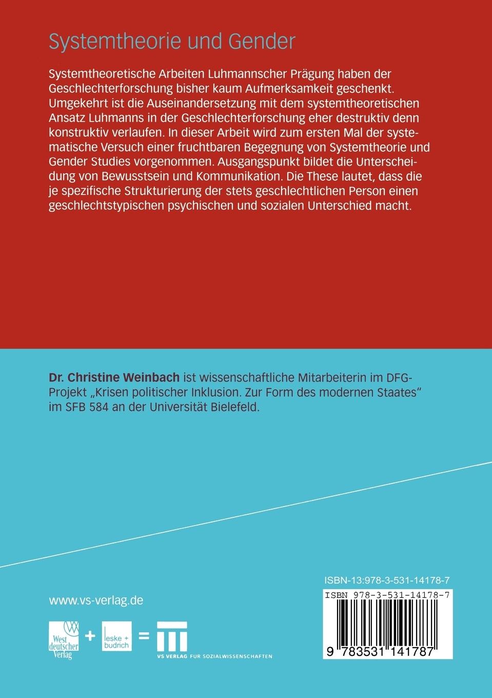 Rückseite: 9783531141787 | Systemtheorie und Gender | Das Geschlecht im Netz der Systeme | Buch