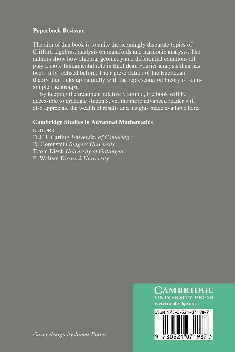 Rückseite: 9780521071987 | Clifford Algebras and Dirac Operators in Harmonic Analysis | Buch
