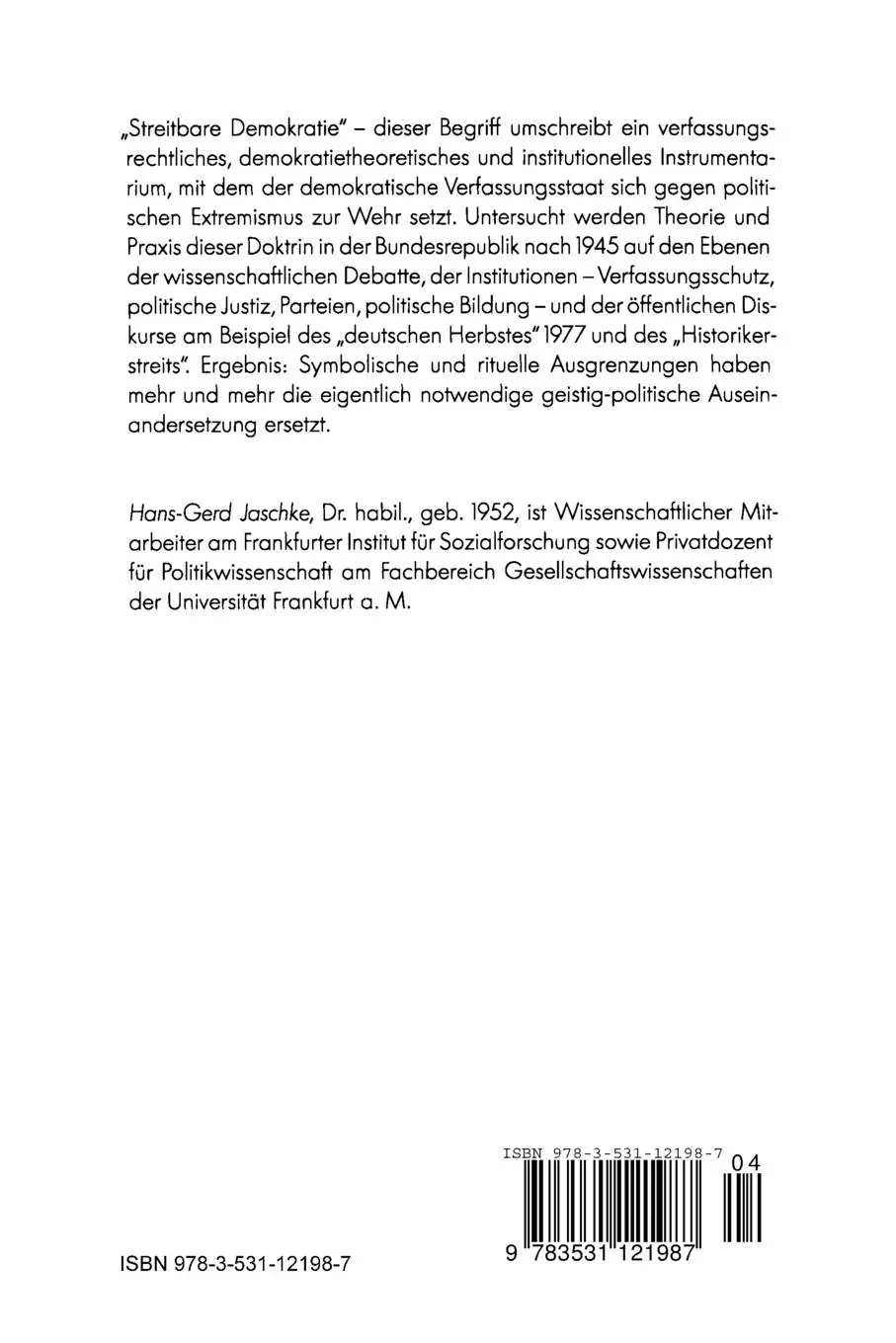 Rückseite: 9783531121987 | Streitbare Demokratie und Innere Sicherheit | Hans-Gerd Jaschke | Buch