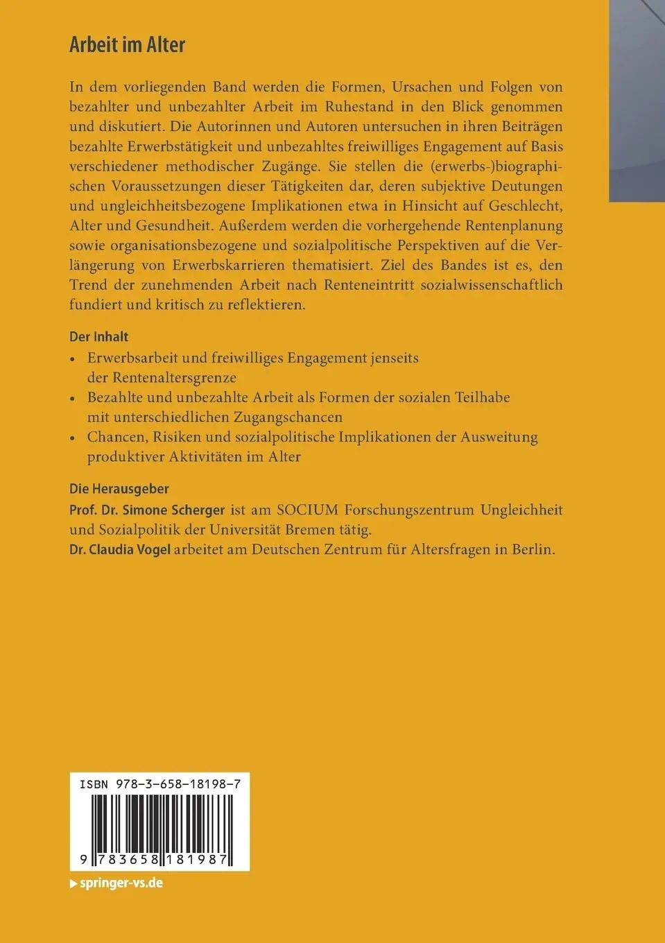 Rückseite: 9783658181987 | Arbeit im Alter | Claudia Vogel (u. a.) | Taschenbuch | viii | Deutsch