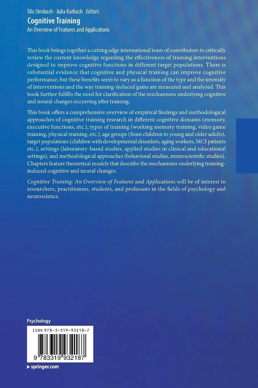 Rückseite: 9783319932187 | Cognitive Training | An Overview of Features and Applications | Buch