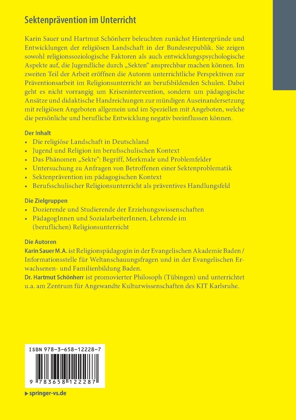 Rückseite: 9783658122287 | Sektenprävention im Unterricht | Hartmut Schönherr (u. a.) | Buch
