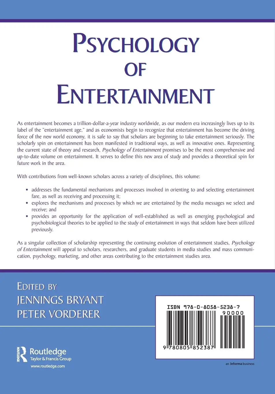 Rückseite: 9780805852387 | Psychology of Entertainment | Jennings Bryant (u. a.) | Taschenbuch