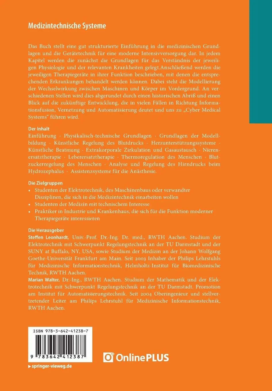 Rückseite: 9783642412387 | Medizintechnische Systeme | Marian Walter (u. a.) | Taschenbuch | xxv