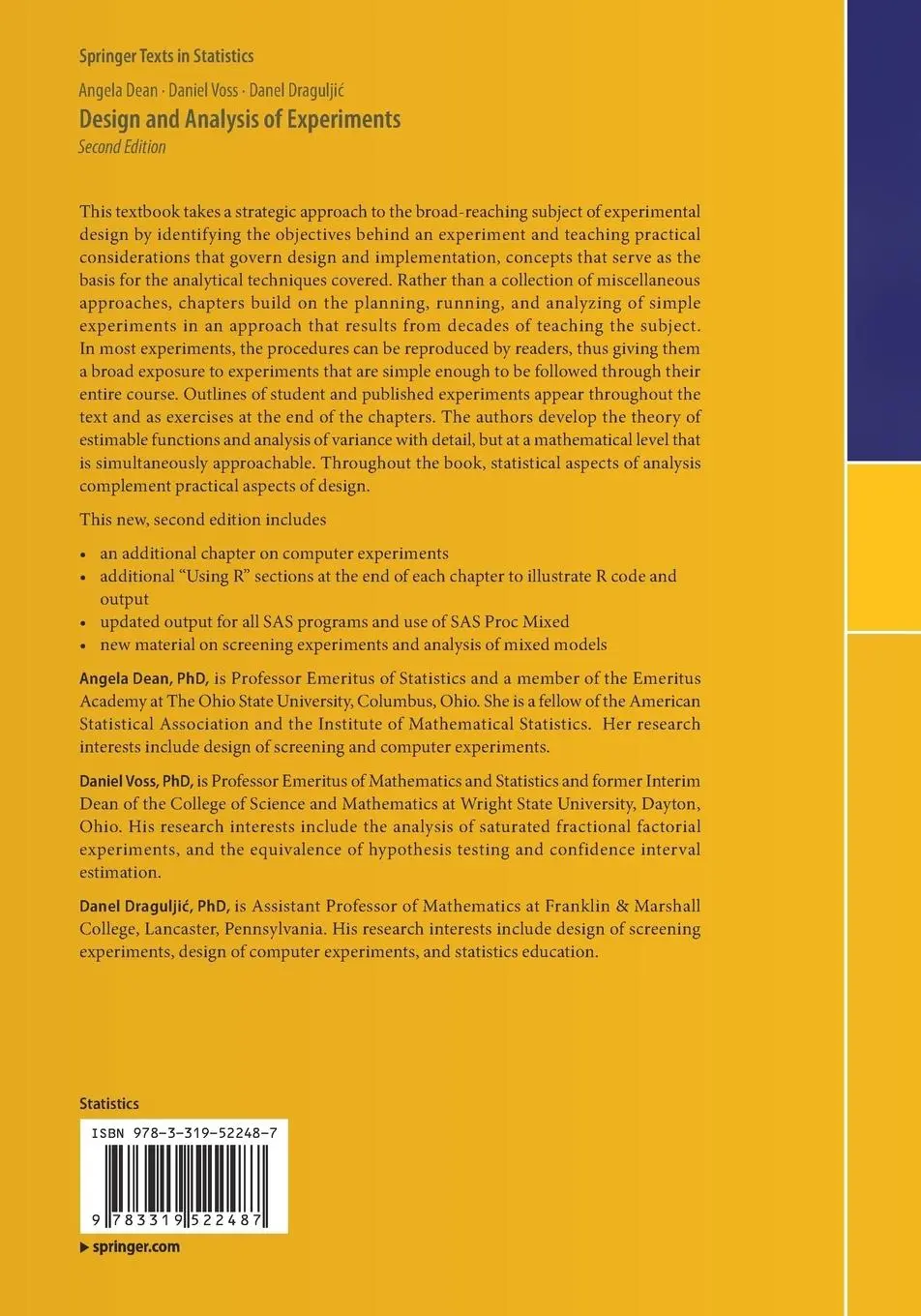 Rückseite: 9783319522487 | Design and Analysis of Experiments | Angela Dean (u. a.) | Taschenbuch