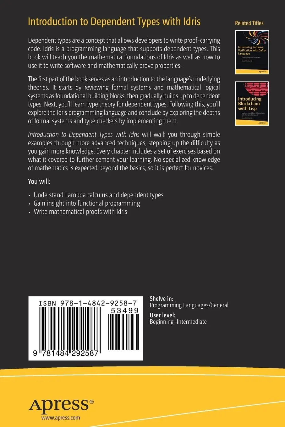 Rückseite: 9781484292587 | Introduction to Dependent Types with Idris | Boro Sitnikovski | Buch