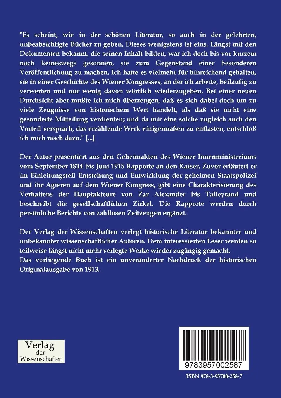 Rückseite: 9783957002587 | Die Geheimpolizei auf dem Wiener Kongress | August Fournier | Buch